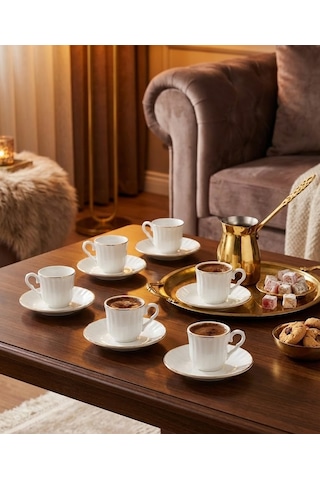 Gold Detaylı 6 Kişilik Fincan Takımı- Lüks Fincan Takımı - 6 Kişilik Gold Fincan Takımı Beyaz - Altın