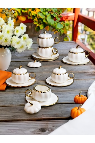 Paçi Pumpkın Kabak Model Yaldızlı Beyaz 6 Lı Türk Kahve Fincan Takımı 100 Ml Beyaz