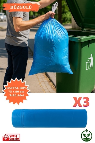 Premium Büzgülü Battal Boy Çöp Poşeti 75x90 Cm 3x10 Adet Ev Mutfak İş Ofis Avantajlı Ekonomik Paket