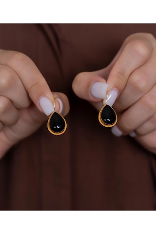 Bayar Gold 14 Ayar Altın Siyah Taşlı Damla Model El İşi Küpe Sarı Altın