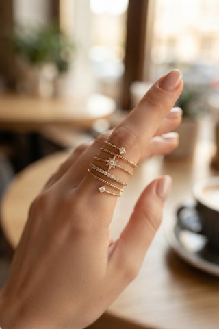 Pirinç Gold Renk Spiral Kutup Yıldızı Model Kadın Yüzük Renkli