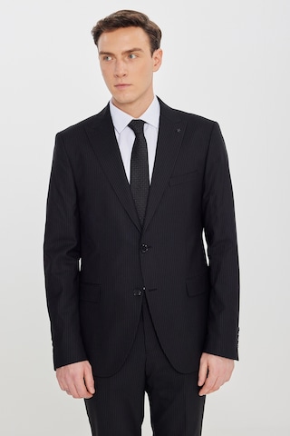 Erkek Sıyah Slim Fit Dar Kesim Kırlangıç Yaka Çizgili Esnek Takım Elbise Siyah