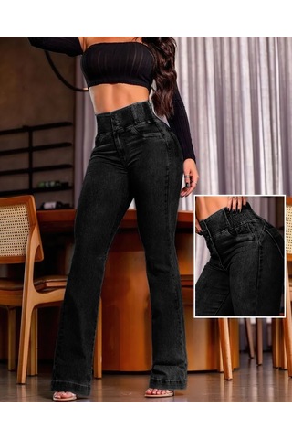 Etiler Collection Kadın Yüksek Bel Yanları Lastik Önü Düğmeli Kot Pantolon Siyah