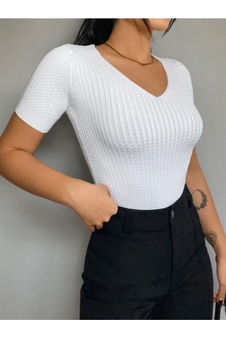 Aqe Fashion V Yaka Kısa Kol Beyaz Bluz Siyah