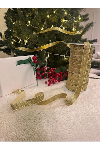 Yılbaşı Gold Simli Kadife Şerit Noel Çam Ağaç Süsü 5 Mt