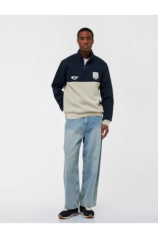 Koton Regular Fit Baskılı Renk Bloklu Şardonlu Yarım Fermuarlı Sweatshirt Lacivert 6wam70121mk Lacivert