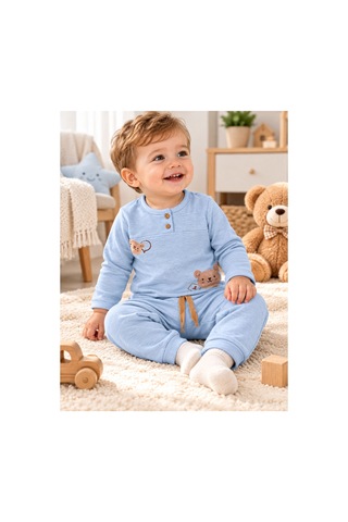 Uğur Bebe Erkek Bebek 2'li Takım 2 İplik Özel Örme Kumaş Açık Mavi Ayıcık Baskılı Uzun Kollu Üst Ve Bağcıklı Pantolon %100 Pamuk Mavi Mavi