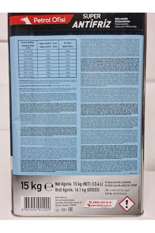 Petrol Ofisi Super Antifriz 15 Kg Tnk - Yeşil Saf Antifriz Yeşil