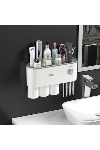 Fastbuy Challenger Diş Fırçası Tutucu Ve 4 Bardaklı Banyo Organizatörü Macun Dispenser Kiti Gri Gri