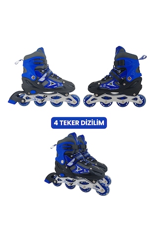 Vr1 - Metal 2+2 Işıklı 3in1 Ayarlanabilir Çocuk Pateni 2+1+1 / 2+2 Silikon Tekerli Uç Korumalı Mavi