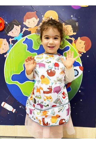 Yorni 4-7 Yaş Zoo Kısa Kollu, Cepli, Sıvı Geçirmez Önlük, Boya, Oyun