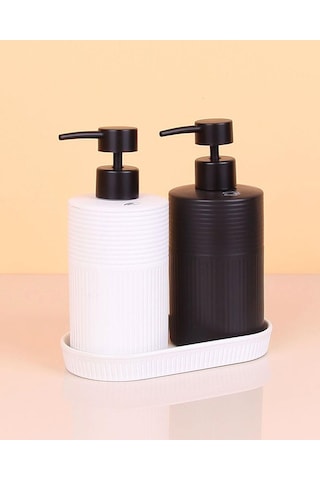 2 Li Stonware Seramik Sıvı Sabunluk 400ml + 400ml Tepsili