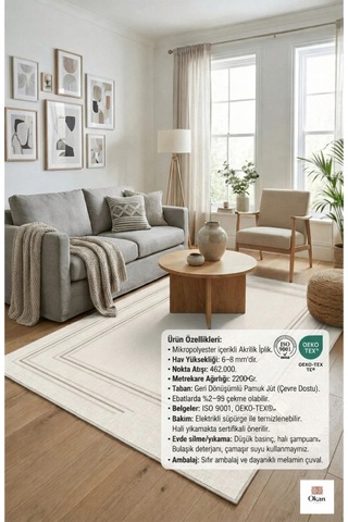 Premium Yumuşak Dokulu Akrilik Halı Kalınlık & Doğal Jüt Taban Modern Çizgili Tasarım Krem