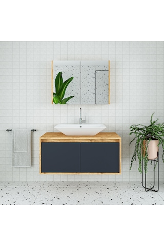 Banos Roomart Lavabolu Ahşap-Antrasit 100 Cm Banyo Dolabı + Ayna Antrasit