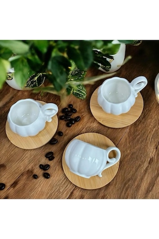 6 Kişilik Bambu Tabaklı Beyaz Porselen Kahve Fincan Takımı
