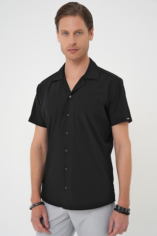 Efor Slim Fit Apaş Yaka Kısa Kol Esnek Casual Siyah Gömlek G 1589 Siyah