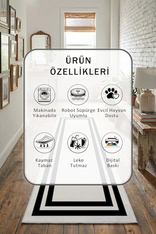 Çerçeve Krem Siyah Yıkanabilir Yolluk