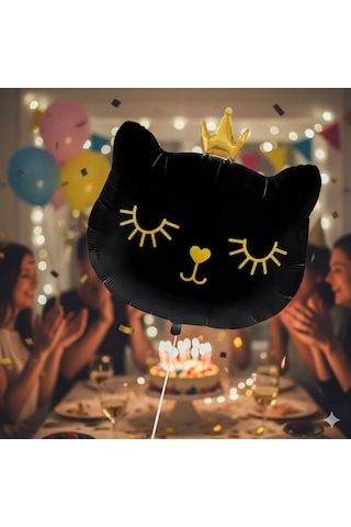 30 İnç Siyah Kedi Kafası Taçlı Folyo Balon - Doğum Günü Parti Dekorasyon Balonu Çok Renkli