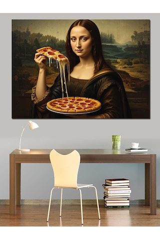 Pizza Yiyen Mona Lisa Dekoratif Kanvas - Mdf Ahşap Tablo