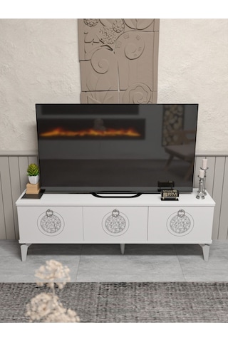Tv Sehpası Tv Ünitesi Beyaz Gümüş 160 Cm Saraylı 5063 Metalik