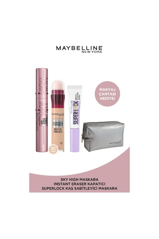 Maybelline New York Sky High Maskara & Super Lock Kaş Sabitleyici + Instant Eraser Kapatıcı 01 + Makyaj Çantası