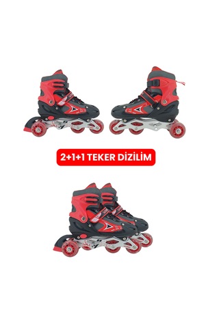Vr1 - Metal 2+2 Işıklı 3in1 Ayarlanabilir Çocuk Pateni 2+1+1 / 2+2 Silikon Tekerli Uç Korumalı Kırmızı