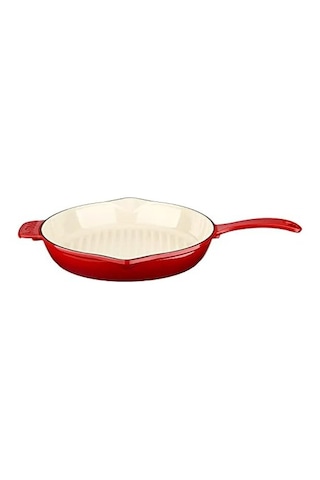 Metal Saplı 28 Cm Kırmızı İç Krem Döküm Yuvarlak Izgara Tava Açık Bakır