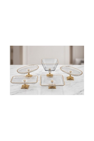 Premium Kristal Kesim Görünümlü Gold Ayaklı 5'li Sunumluk Ve İkram Seti Lüks Çeyiz Ve Yeni Ev Hediyesi Sofra Estetiği Tasarımı Beyaz