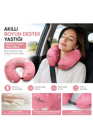Akıllı Boyun Destek Yastığı Visco Hafızalı Süngerli Seyahat Yastığı Pembe Kedi Desenli 01