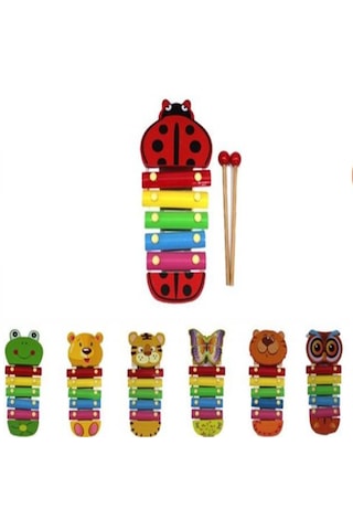 Eğitici Ahşap Ksilefon 5 Notalı Hayvan Figürlü Müzik Aleti Renkli Ahşap Selefon Oyuncak