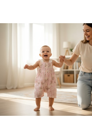 Ürünya Kız Bebek Çiçek Desenli Askılı Sıfır Kollu Kısa Tulum Pembe