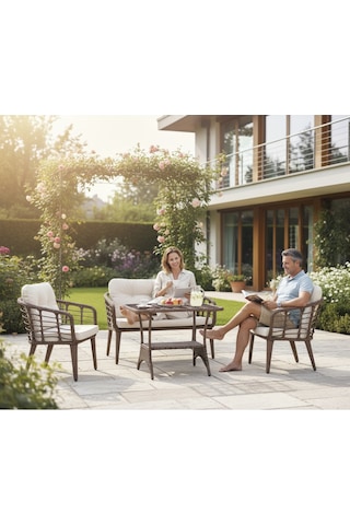 Tu Tienda Kartepe 2 1 1 Rattan Bahçe Balkon Takimi,kahve Rattan/krem Kumaş Krem