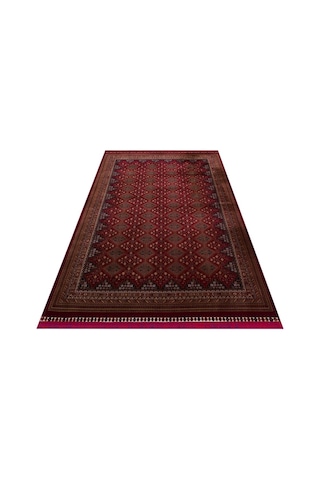 Sateen Afghan Sfg 01 Red Afgan Desenlerine Sahip Hav Vermeyen Özel İplerle Dokunan Yıkanabilir Ve Özel Kaymaz Tabanlı Sık Dokuma Makine Halısı Kırmızı