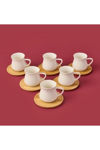 Mien-23403 Bambu Tabaklı 6lı Kahve Fincan Takımı Ahşap - Beyaz
