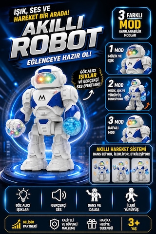 Işıklı Sesli Pilli Hareketli Yürüyen Robot Oyuncak Pilli Robot Beyaz