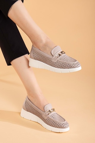 Analin Shoes Kadın Hakiki Deri Günlük Lazerli Tokalı Rahat Ayakkabı Silvergrey