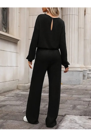 Ge Ticaret Kadın Uzun Kollu Bisiklet Yaka Şardonlu Dalgıç Bluz Ve Pantolon Ikili Takım Siyah