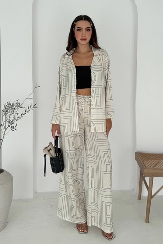 Geometrik Desen Modal Saten Takım Beyaz Beyaz