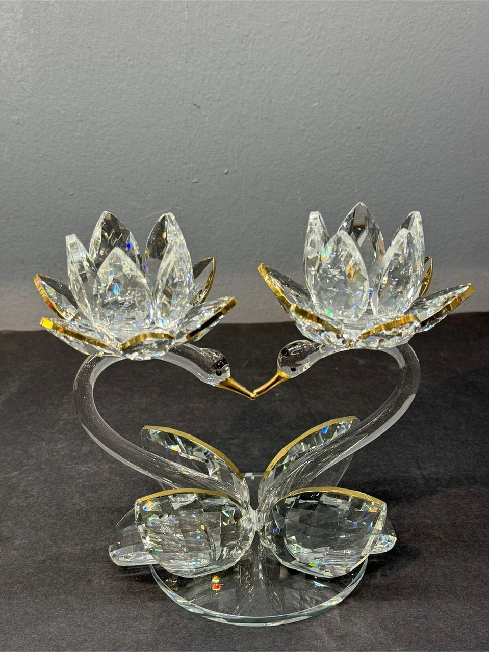 Dekoratif Kristal Cam Ikili Lotus Kuğulu Kalp Şamdan Gold