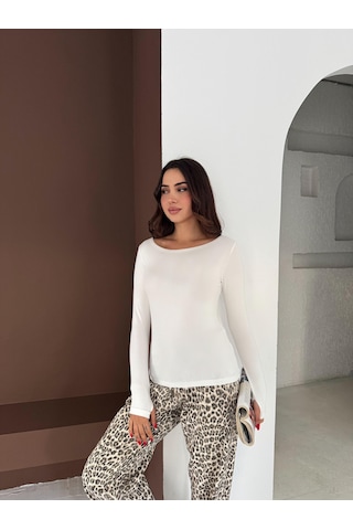 Elaxi Kadın Kayık Yaka Parmak Geçmeli Uzun Kollu Full Likralı Pamuk Viskon Buzzy Body Tişort Beyaz