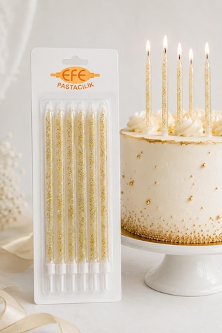Beyaz Gold Simli Uzun Pasta Mumu 17 Cm Karışık