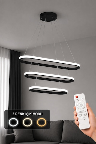 AvizeGO Elipso 3'lü Led Sarkıt Avize 3 Renk Kumandalı Siyah