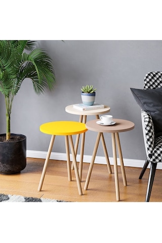 Renkli Üçlü Zigon Sehpa Ahşap Ayaklı Yuvarlak Pastel Tasarım Sarı Krem Cappuccino