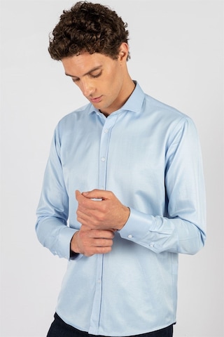 Tudors Modern Slim Fit Uzun Kollu Düz Saten Pamuklu Erkek Mavi Gömlek-23904 Mavi