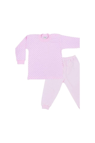 Çocuk Puantiye Desenli Pamuklu Yumuşak Dokulu Pijama-14799 Pudra