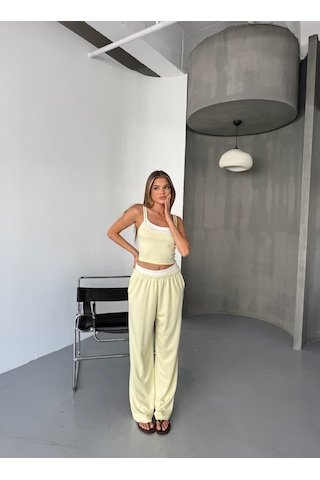 Kadın Çift Kat Detaylı Modal Dokulu Alt Üst Takım Sarı