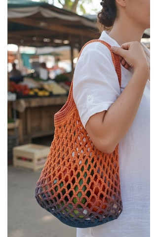 Artepieza Handmade Çok Renkli Yazlık Plaj Market Filesi-koton İp El Örgüsü File Pazar Plaj Çantası 55x30 Cm 2 Çok Renkli