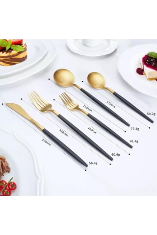 Youmex 304 Paslanmaz Çelik 5 Parça西餐 Seti - Biftek Bıçağı, Çatal, Tatlı Çatalı, Kaşık, Tatlı Kaşığı - Siyah Altın Rengi - Ev Kullanıma Uygun Altın - Siyah