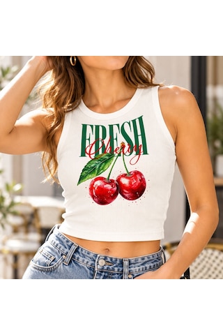 Bk Gift Sıfır Kol Fitilli Crop Bluz - Esnek Likralı Günlük Crop-1 Beyaz