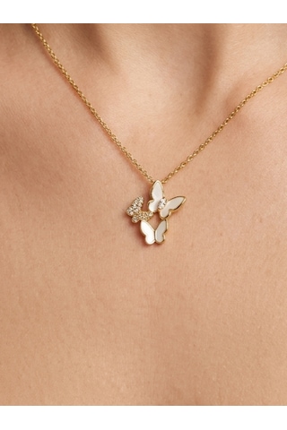 Sedef Kelebek 3 Kelebek Zirkon Taşlı Sallantılı Kadın Çelik Kolye,hediye,özel Gün,sevgililer Günü , Anneler Günü, Zirkon Taş ,gold Renk, Zarif,minimalist